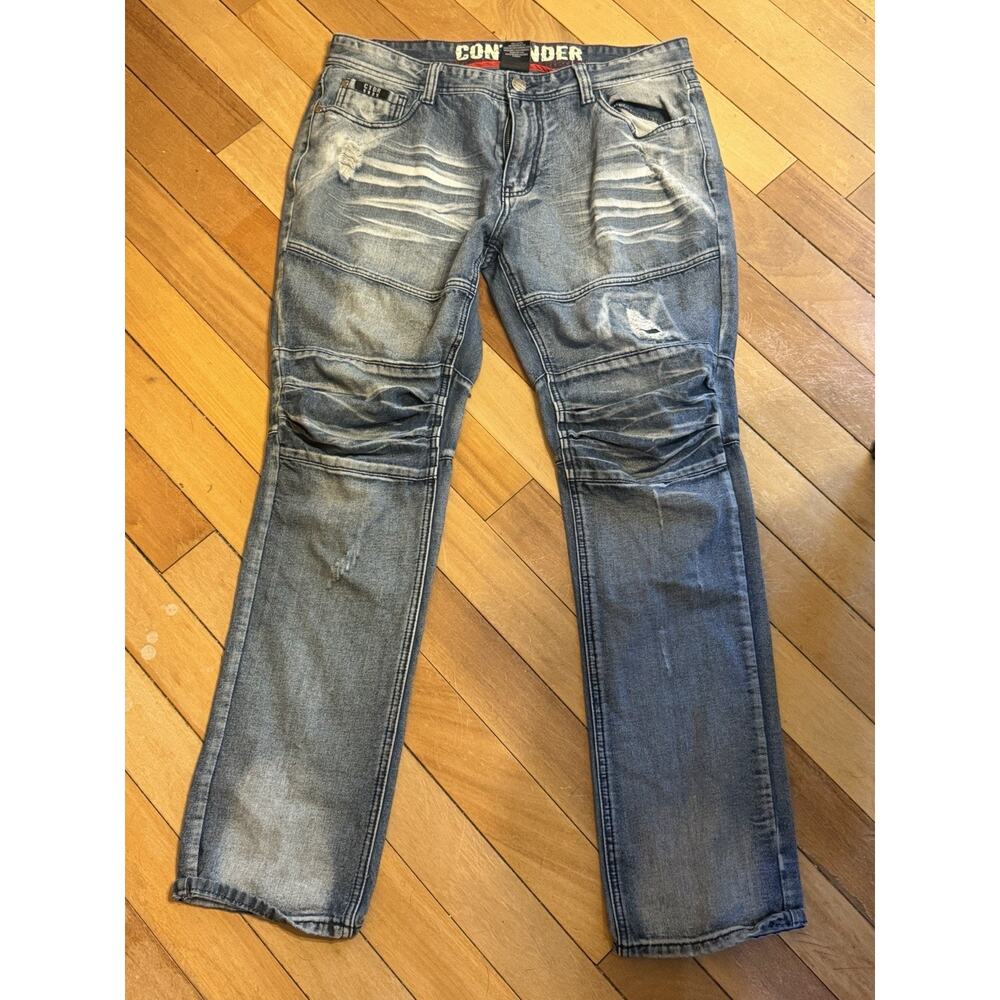 Contender Moto Jeans Men’s 36x34 Distressed Biker Denim Blue Wash